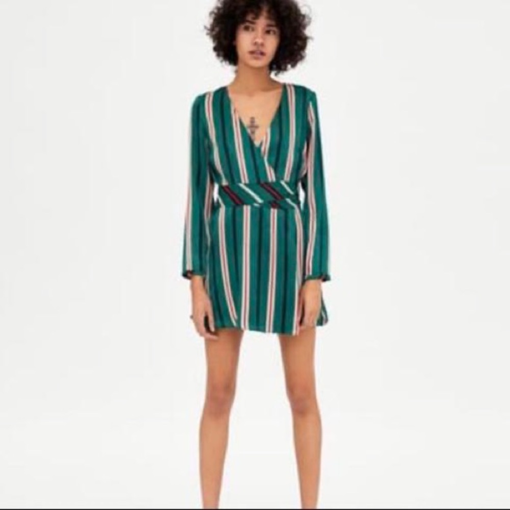 ZARA TRF Satin Green Red White Stripe Wrap Striped Mini Dress - NWOT